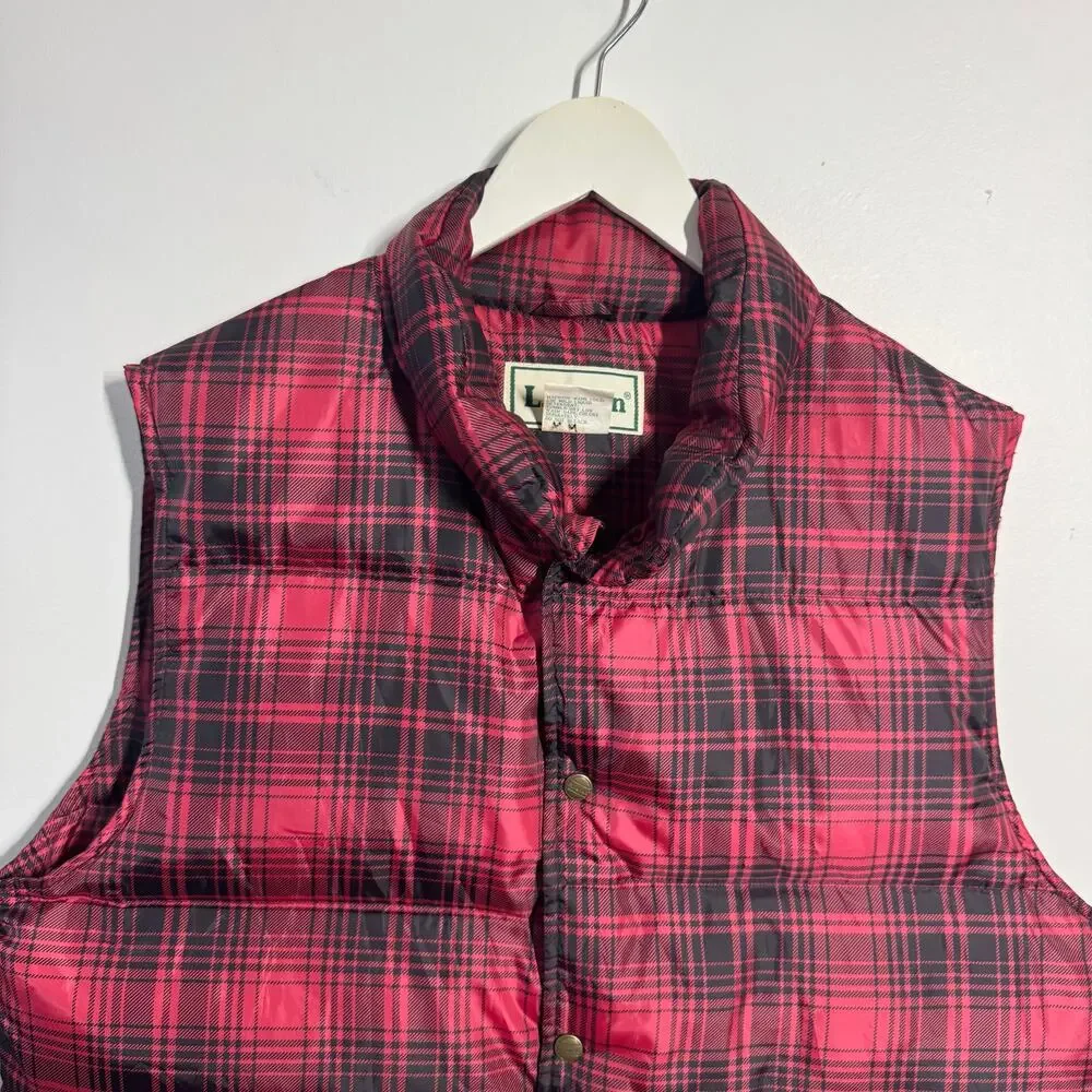 LL Bean Vest Mens‎ M Red Black Buffalo Plaid Snap Goose Down Vintage Insulated